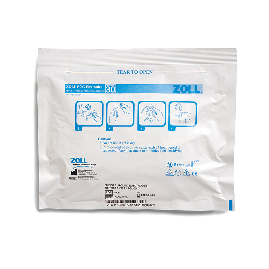 8900-0703 ZOLL ECG Lg 2" Round Electrodes, 10 Strips of 3 Per Pouch/600 Per Case