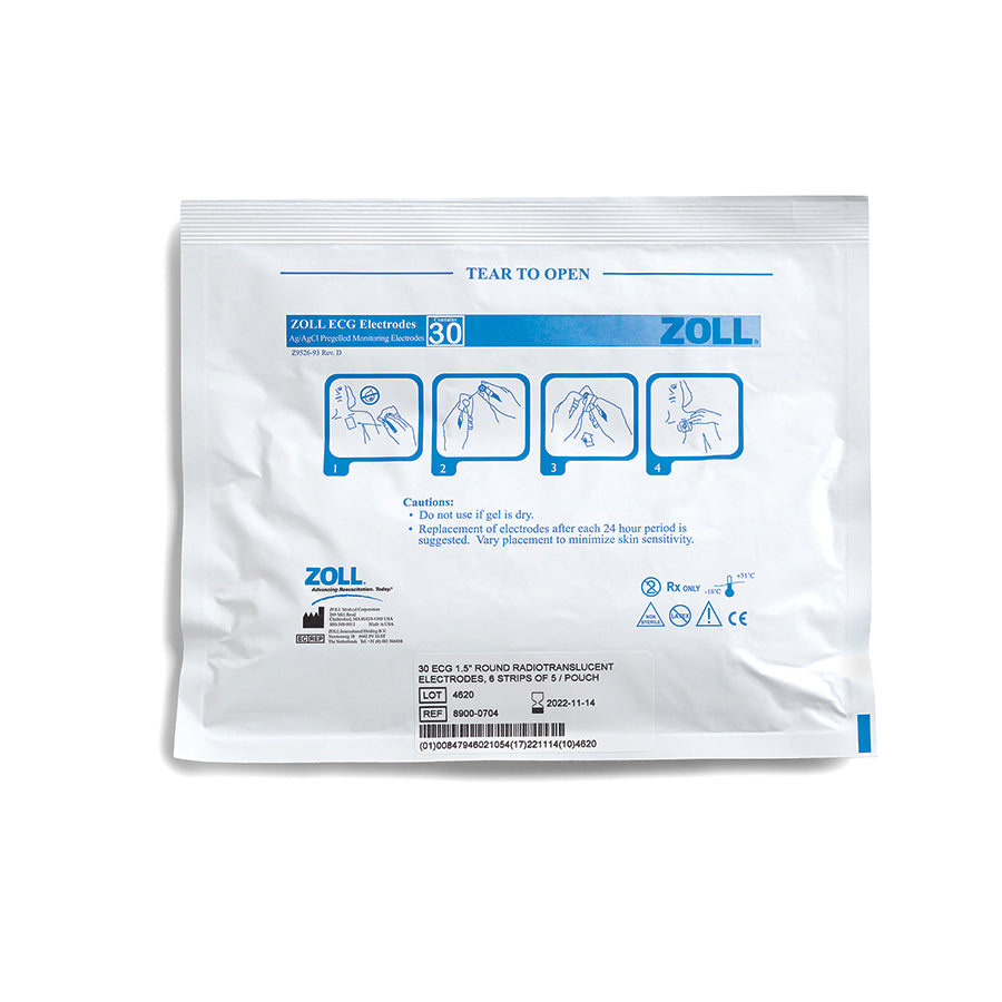8900-0704 ZOLL ECG Small 1.5" Round Electrodes, 6 Strips of 5 Per Pouch/600 Per Case