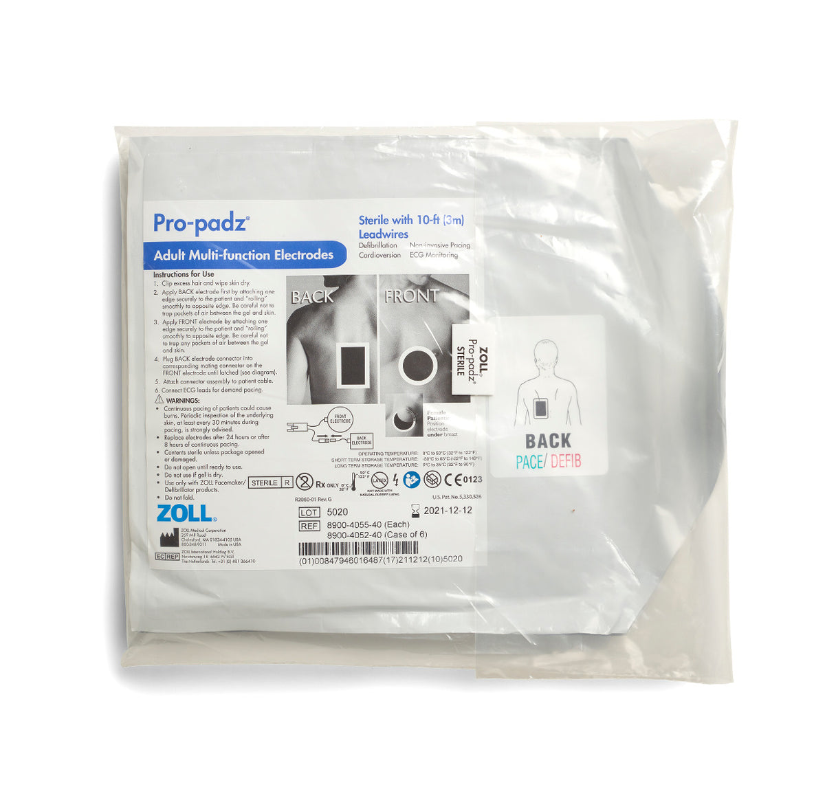 8900-4055-40 ZOLL Pro-Padz Sterile W/10 ft Leadwires, Single